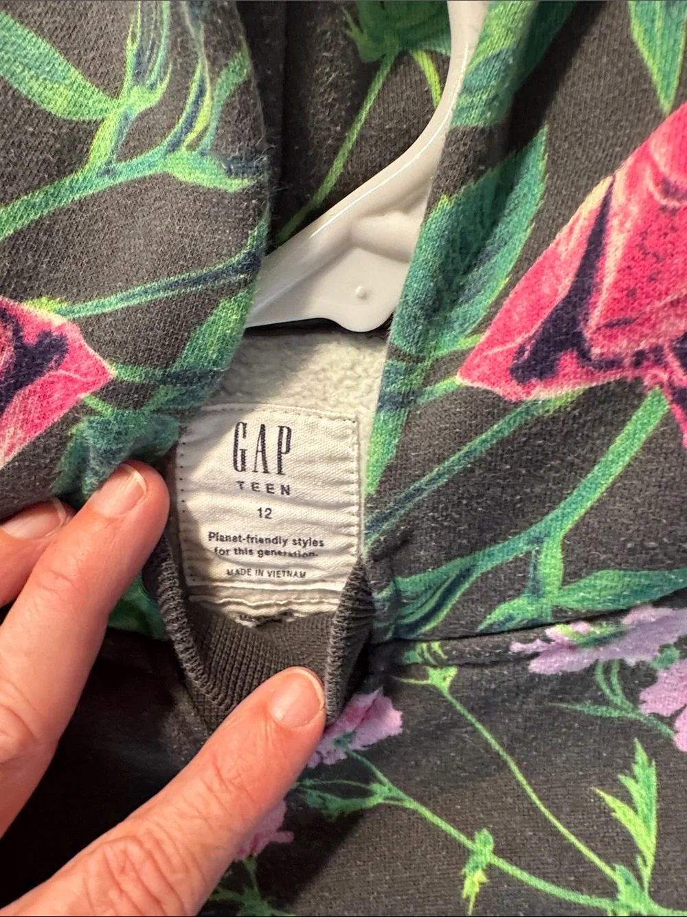 GAP Teen Black Hoodie with Pink and Green Floral Print